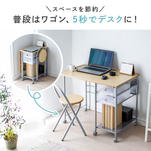 折りたたみデスク &amp; チェアセット 幅90cm 奥行58cm 引き出し キャスター付き 組立簡単 フォールディングテーブル [100-DESK028]_9
