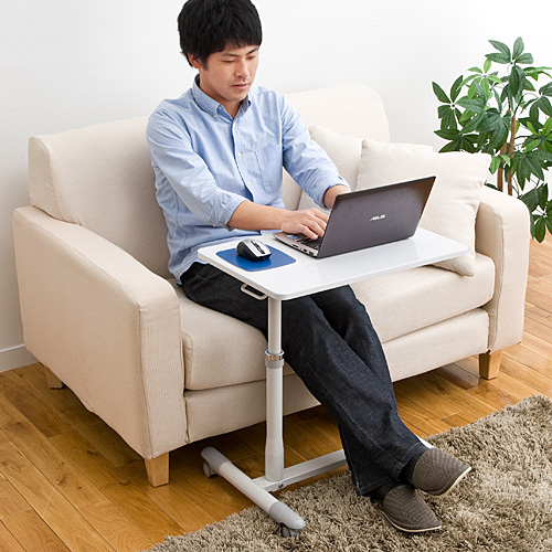 サイドテーブル ガス圧 高さ調整 51〜65cm ストッパー付きキャスター ホワイト ベッドサイド テーブル [100-DESK094W]_1