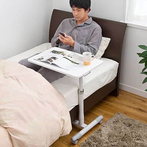 サイドテーブル ガス圧 高さ調整 51〜65cm ストッパー付きキャスター ホワイト ベッドサイド テーブル [100-DESK094W]_2