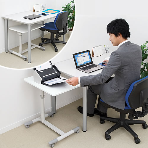 サイドテーブル ガス圧 高さ調整 51〜65cm ストッパー付きキャスター ホワイト ベッドサイド テーブル [100-DESK094W]_4