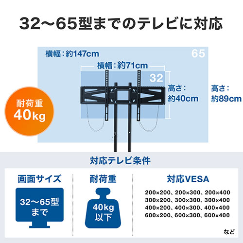 テレビスタンド 32～65インチ対応 高さ角度調整 キャスター付 耐荷重40kg 高さ調整 テレビスタンド 32〜65インチ対応 キャスター付き テレビ