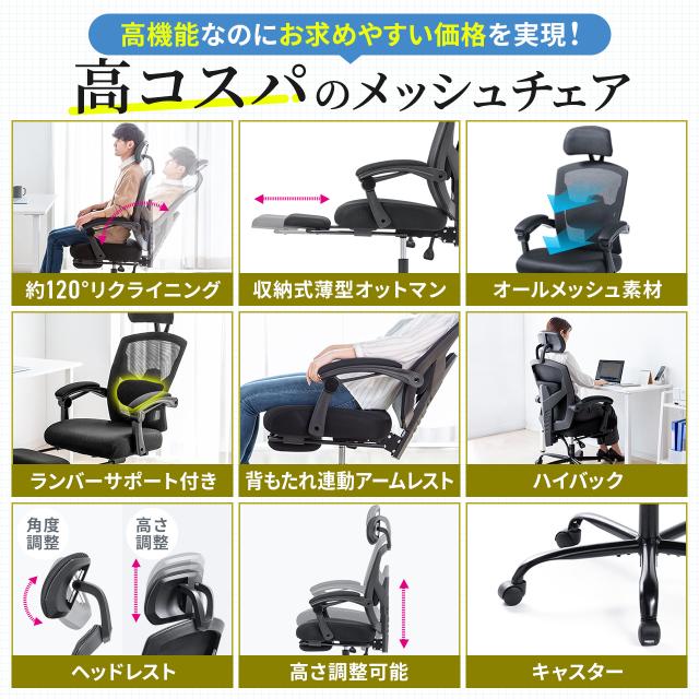 メッシュチェア リクライニング 最大傾斜角150° 収納式オットマン ヘッドレスト ランバーサポート アームレスト キャスター[150-SNCM033]_1