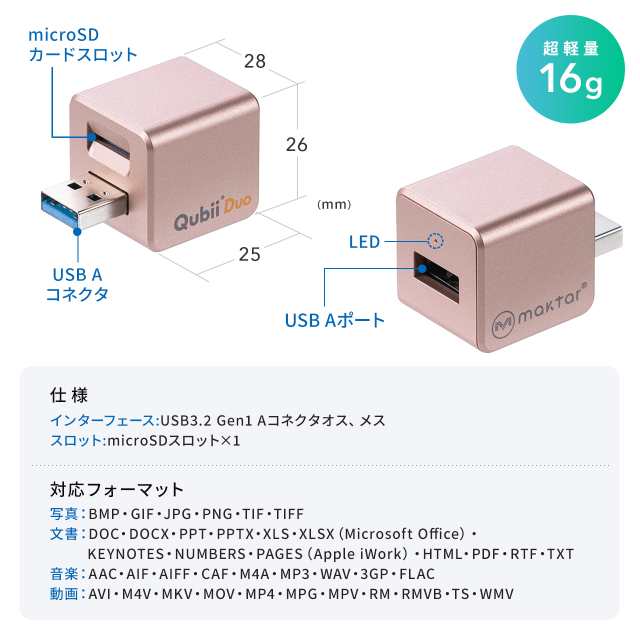 Qubii Duo USB-A ローズゴールド ホワイト iPhone iPad iOS Android