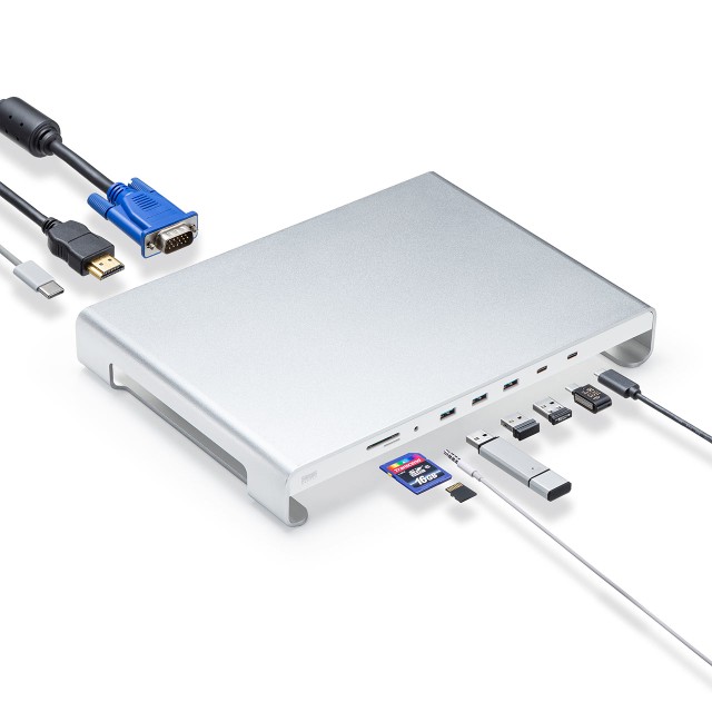 USB Type-C ドッキングステーション モニタースタンド型 HDMI VGA出力 SD/microSDカードリーダー 3.5mm4極ジャック  [400-HUB089S]｜au PAY マーケット
