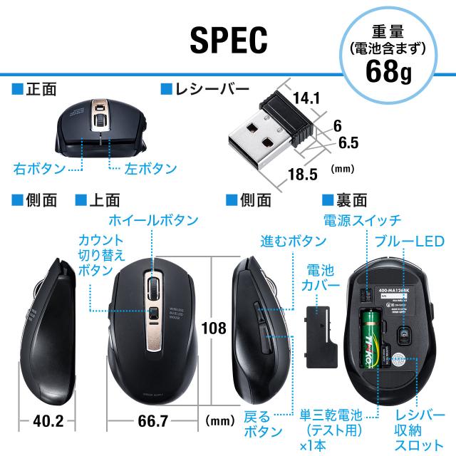 静音ワイヤレスマウス ワイヤレス ブルーledセンサー 5ボタン カウント切り替え800 10 1600 静音ボタン 400 Ma126bk の通販はau Pay マーケット サンワダイレクト