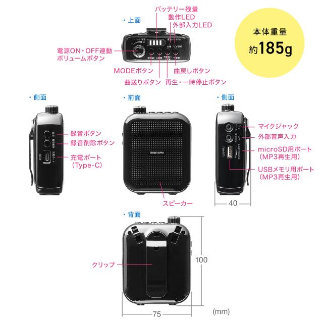 拡声器 かくせいき ハンズフリー 小型ポータブル拡声器 有線ヘッドマイク付き 拡声器 ハンズフリー 小型 12W出力 マイク 有線 ポータブル