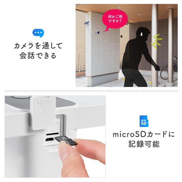 ネットワークカメラ 屋外用 IP65 電源不要 ソーラー付 LEDライト搭載 Wi-Fi 無線 防犯 夜間撮影 動体検知 相互音声会話 microSDカード録画 スマホ通知 ホワイト[400-SSA007]_14