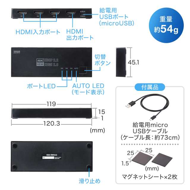 HDMIセレクター 3入力1出力 4K/60Hz HDR HDCP2.2 自動/手動切り替え HDMI切替器[400-SW035]の通販はau PAY  マーケット - サンワダイレクト