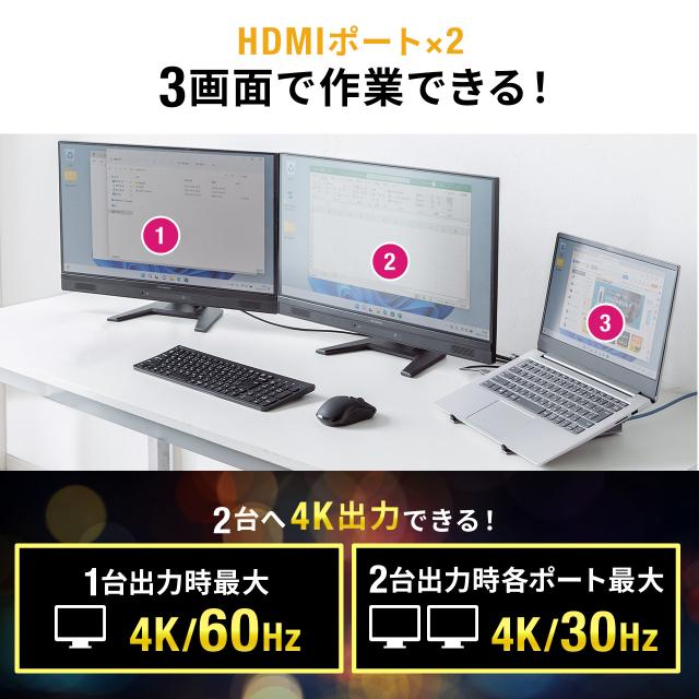ドッキングステーション Type-C接続 HDMI2ポート搭載 スタンド型 クラムシェル ノートパソコンスタンド対応 4K/60Hz PD100W 有線LAN対応[400-VGA018]_8