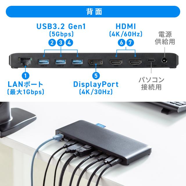 ドッキングステーション HDMI2つ 3画面出力対応 USB-C接続 専用AC付属 薄型 4K/60Hz対応[400-VGA020]_4