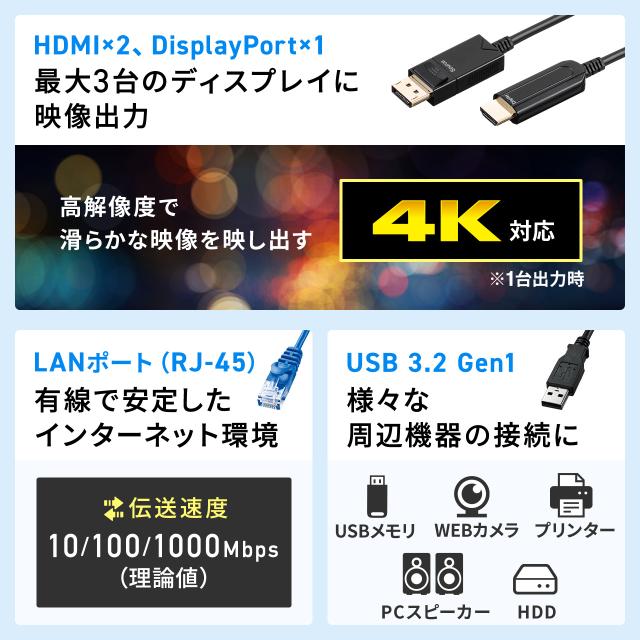 ドッキングステーション HDMI2つ 3画面出力対応 USB-C接続 専用AC付属 薄型 4K/60Hz対応[400-VGA020]_5