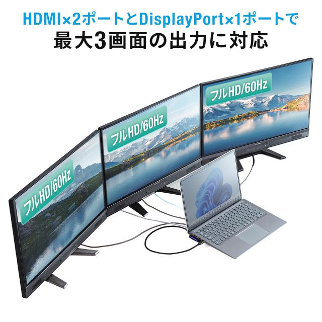 ドッキングステーション HDMI2つ 3画面出力対応 USB-C接続 スタンド機能 コンパクトサイズ 4K/60Hz対応[400-VGA021]_1