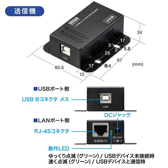 USBエクステンダー 最大50m延長 USB2.0 USBハブ付き Cat5 LANケーブル