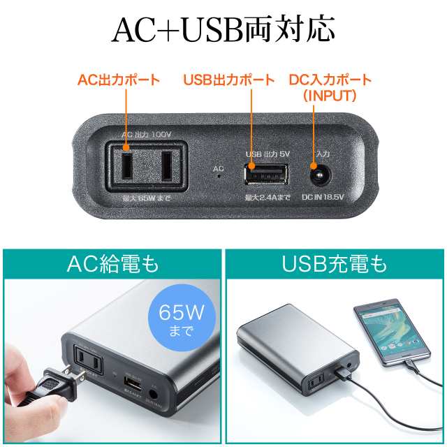 コンセント付き モバイルバッテリー 65w出力 11 400mah ノートパソコン スマホ Usb充電 700 Btl025n の通販はau Pay マーケット サンワダイレクト