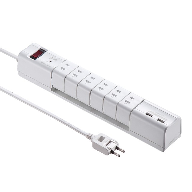 差込口が回る 電源タップ 6個口 1.8m USBつき スマホ タブレット 充電 雷ガード ホワイト [700-TAP020]｜au PAY マーケット