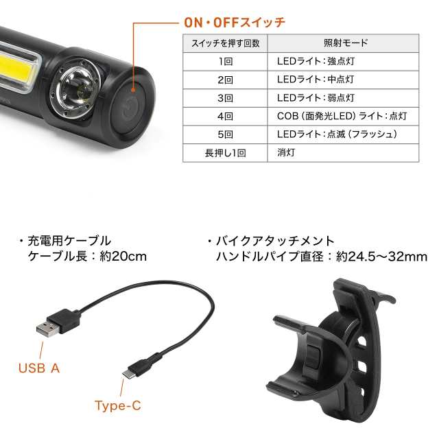 LEDライト 小型 充電式 マグネット内蔵 USB充電式 防水 IPX6
