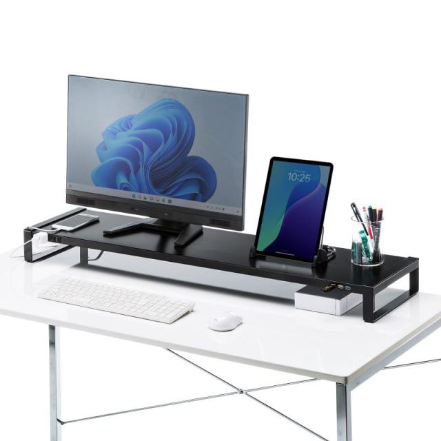 電源タップ＋USBハブ付き机上ラック W1000mm ブラック[MR-LC206BKN]_2