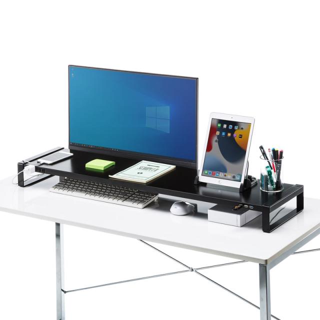 電源タップ＋USBハブ付き机上ラック W1000mm ブラック[MR-LC206BKN]_7