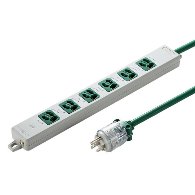 医用接地プラグ付き 電源タップ 3P 6個口 グリーン 5m[TAP-HPM6-5G]