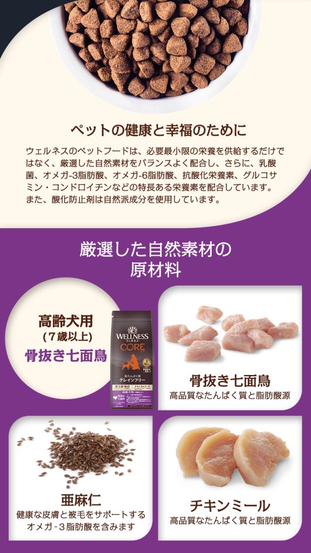 【リニューアル変更済】【沖縄以外送料無料】(選べる2つのおまけ付き)ウェルネスコア 高たんぱく質・穀物不使用 高齢犬用 ７歳以上  骨抜き七面鳥 1.8kg×2袋 犬 小型犬 いぬ 乳酸菌 高齢犬 シニア 七面鳥_3