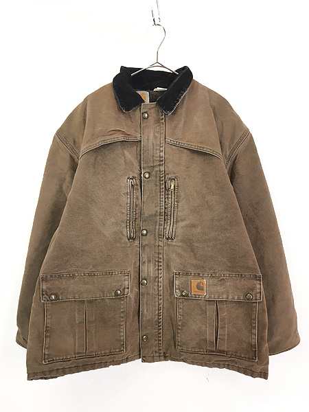 古着 80s USA製 Carhartt 裏地 チェック ブランケット ブラウン ダック ワーク コート ジャケット XL 古着