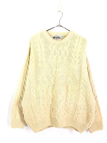 古着 90s Ireland製 Aran Crafts 変則編み アラン フィッシャーマン ウール ニット セーター アイボリー L