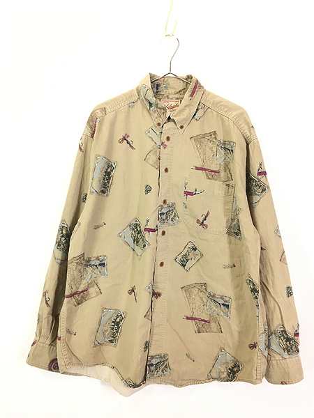 古着 90s USA製 WoolRich ルアー マップ 写真 アウトドア 総柄 コットン シャツ XL