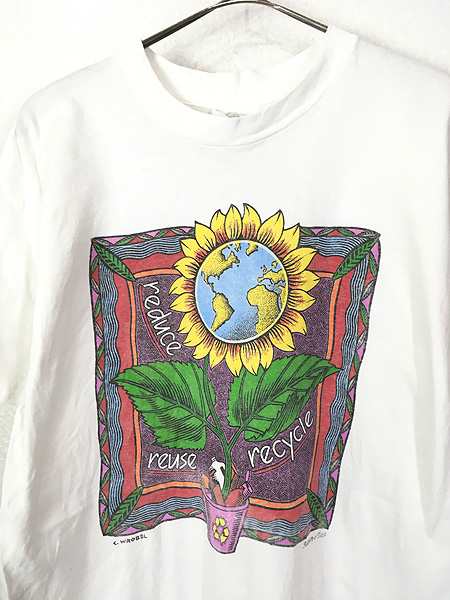 古着 90s USA製 Human-i-Tees ひまわり 地球 3R アート Tシャツ L 古着