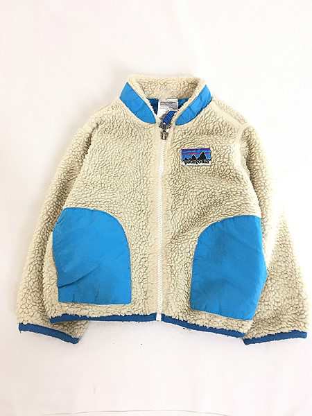 キッズ 古着 12s Patagonia 白タグ もこもこ フリース ジャケット ベージュ×水色 2T 2歳位 古着