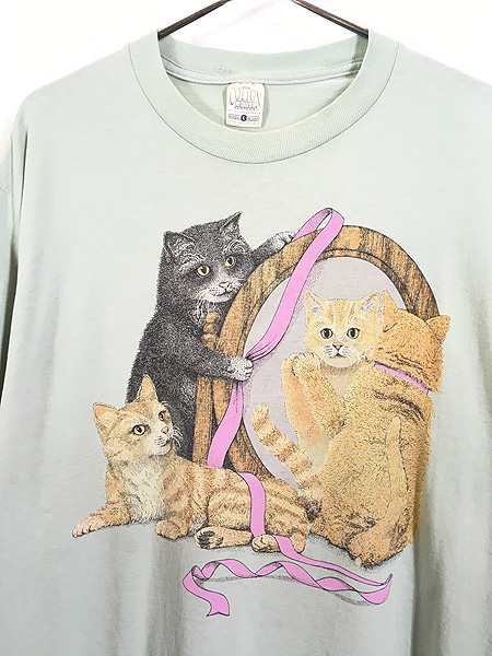 レディース 古着 90s USA製 猫× 鏡 アニマル プリント Tシャツ L 古着