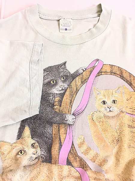 レディース 古着 90s USA製 猫× 鏡 アニマル プリント Tシャツ L 古着