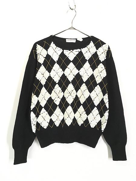レディース 古着 アーガイル 豪華 ビーズ スパンコール 総刺しゅう ウール ニット セーター M 古着 6,490円