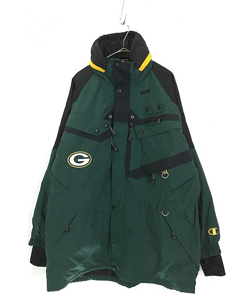 古着 90s Champion NFL Green Bay Packers パッカーズ 2way 多ポケット パデッド ナイロン ジャケット XXL 古着