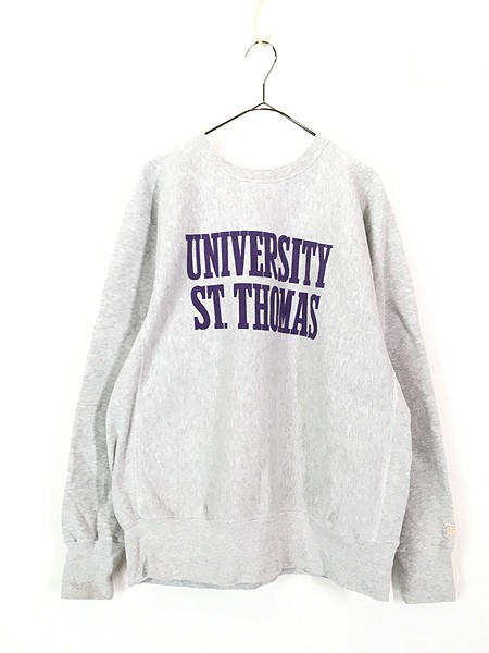 古着 90s USA製 「UNIVERSITY ST.THOMAS」 2段 カレッジ リバース タイプ ヘビー スウェット トレーナー L 古着