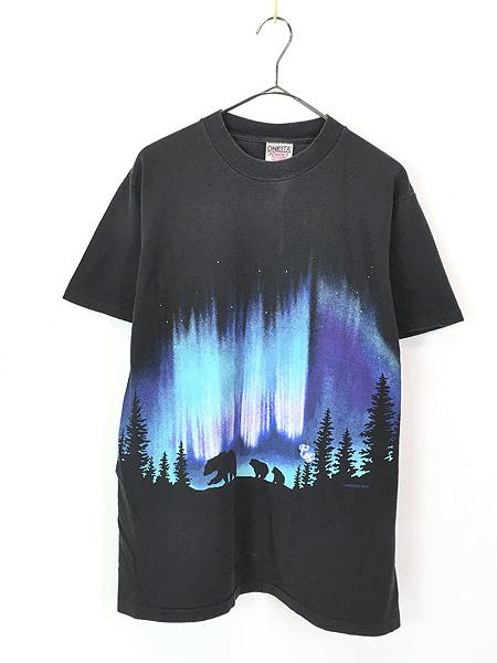 古着 90s USA製 オーロラ 熊 親子 アニマル シルエット グラフィック アート Tシャツ M 古着の通販は
