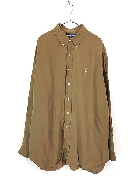 古着 90s Ralph Lauren 「BLAKE」 ワンポイント ソリッド シルク リネン BD シャツ 茶 XL 古着