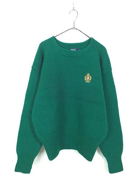 古着 90s Polo Ralph Lauren クレスト ワンポイント ソリッド 長リブ ウール ニット セーター 緑 L 古着