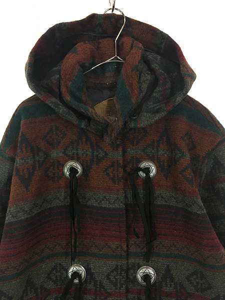 古着 90s USA製 WoolRich ネイティブ ボーダー 総柄 ウール ブランケット ロング コート コンチョボタン フード完備!! L｜au  PAY マーケット