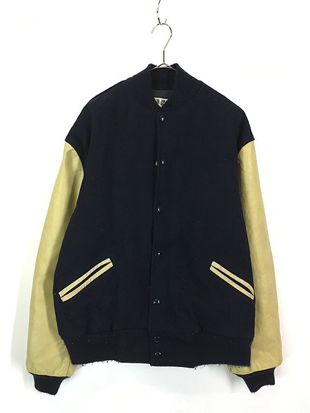 古着 80s USA製 TROPHY JACKETS 本革 レザー メルトン ウール スタジアム ジャケット スタジャン XL