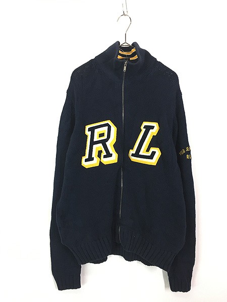 「Deadstock」 古着 POLO JEANS Ralph Lauren 「RL」 BIG フェルト パッチ コットン ニット ジップ カーディガン L 古着