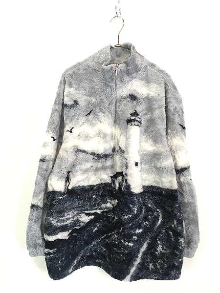 古着 90s USA製 Art Unlimited 海岸 灯台 総柄 ハーフジップ フリース ジャケット L 古着の通販は