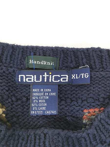 古着 90s Nautica マルチ パッチワーク風 ケーブル コットン ウール