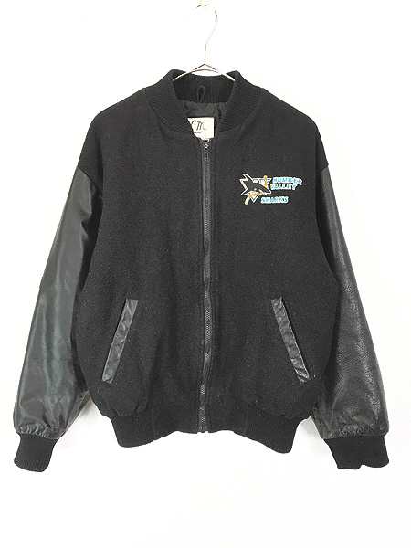 古着 90s Canada製 NHL San Jose Sharks シャークス 本革 レザー × メルトン ウール スタジャン ジャケット XL 古着