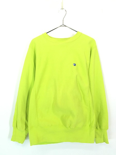 古着 90s USA製 Champion Reverse Weave ワンポイント リバース スウェット レアカラー 黄緑 M 古着