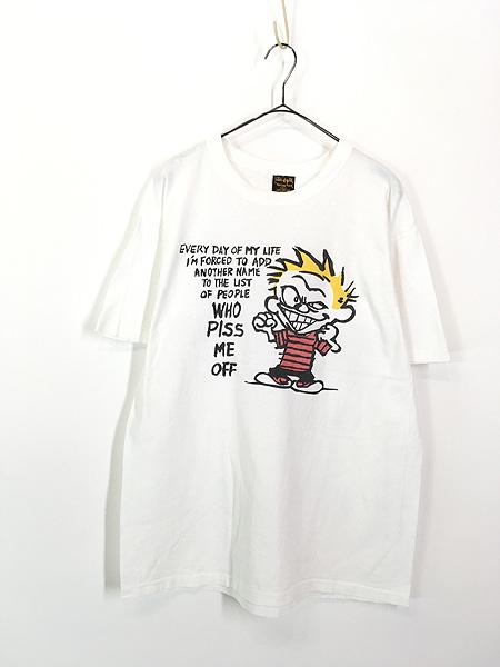 古着 90s Calvin and Hobbes カルビン PISS アンチ メッセージ Tシャツ L 古着