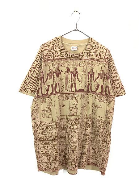 古着 90s USA製 スフィンクス 古代絵 壁画 エジプト オールオーバー Tシャツ XL 古着の通販は