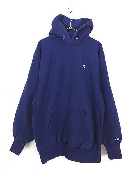 古着 90s USA製 Champion Reverse Weave ワンポイント リバース スウェット パーカー ネイビー XXL 古着