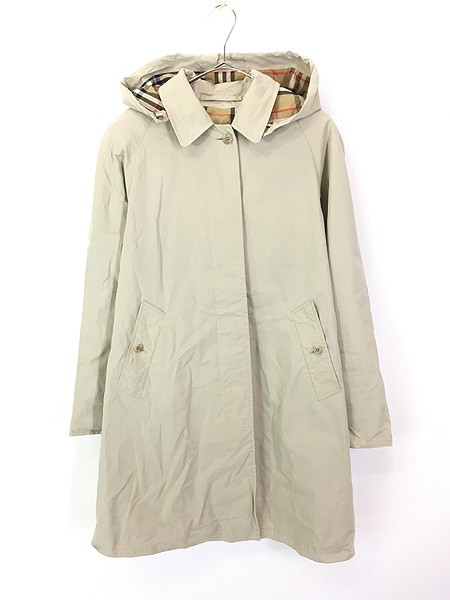 レディース 古着 Burberry 裏地チェック 比翼 ステンカラー フーデッド トレンチ レイン コート L位 古着の通販は