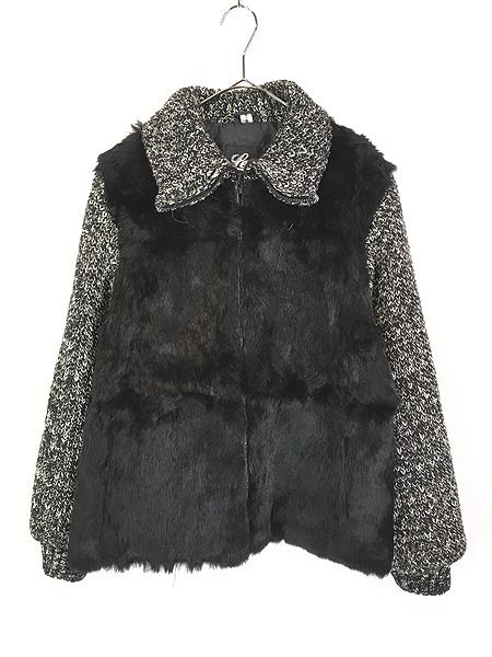 レディース 古着 80s Learsi モノトーン ニット×ラビット ファー 毛皮 異素材 切替 ニット ジャケット M 古着の通販は