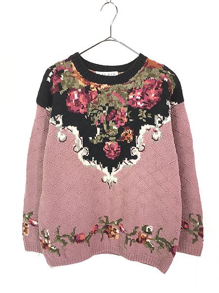 レディース 古着 90s STUDIO 花 フラワー ダイヤ チェック 麻 コットン ハンド ニット セーター S 古着の通販は